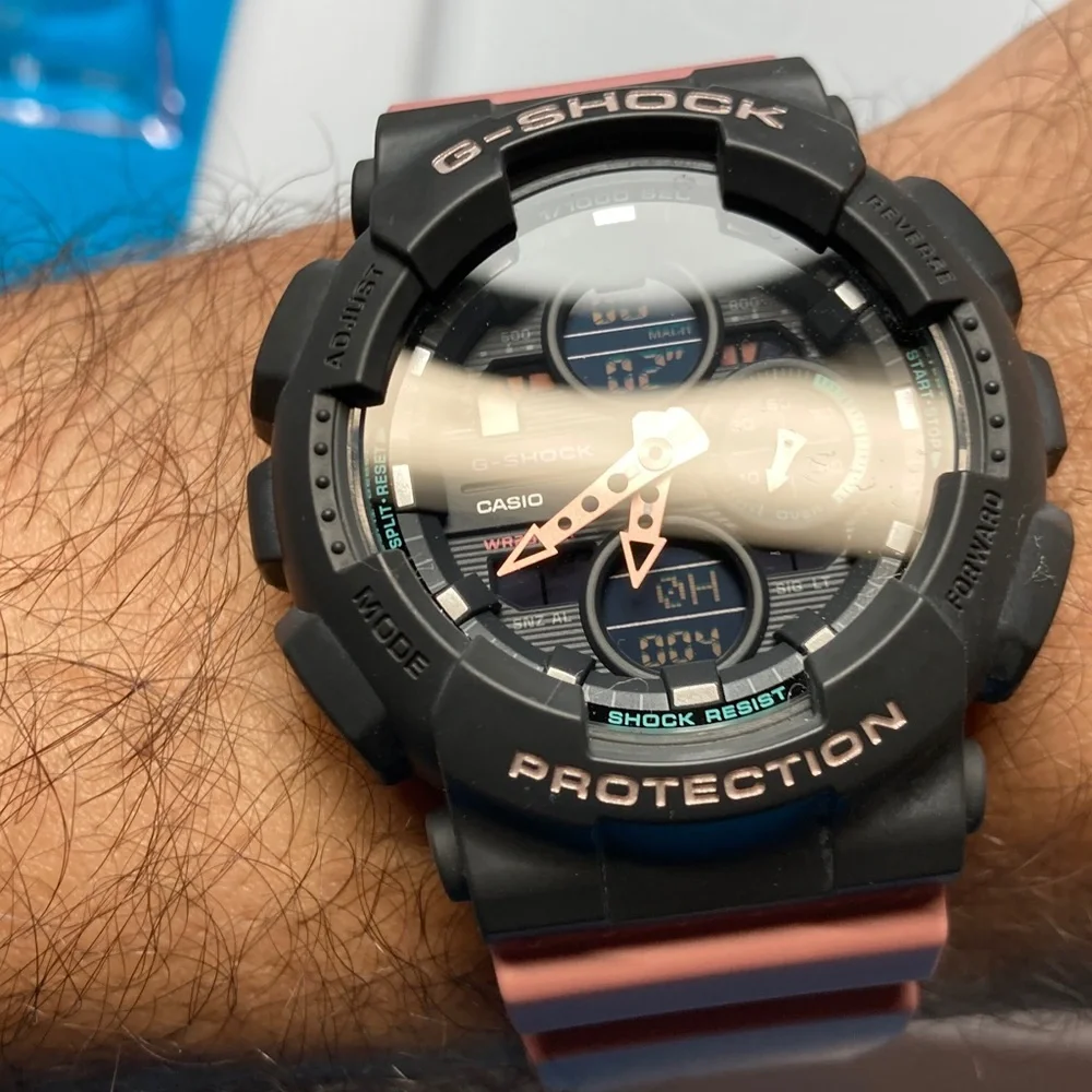 Casio Gshock, GMA-S140, gray bezel, dusty pink strap and accents working battery